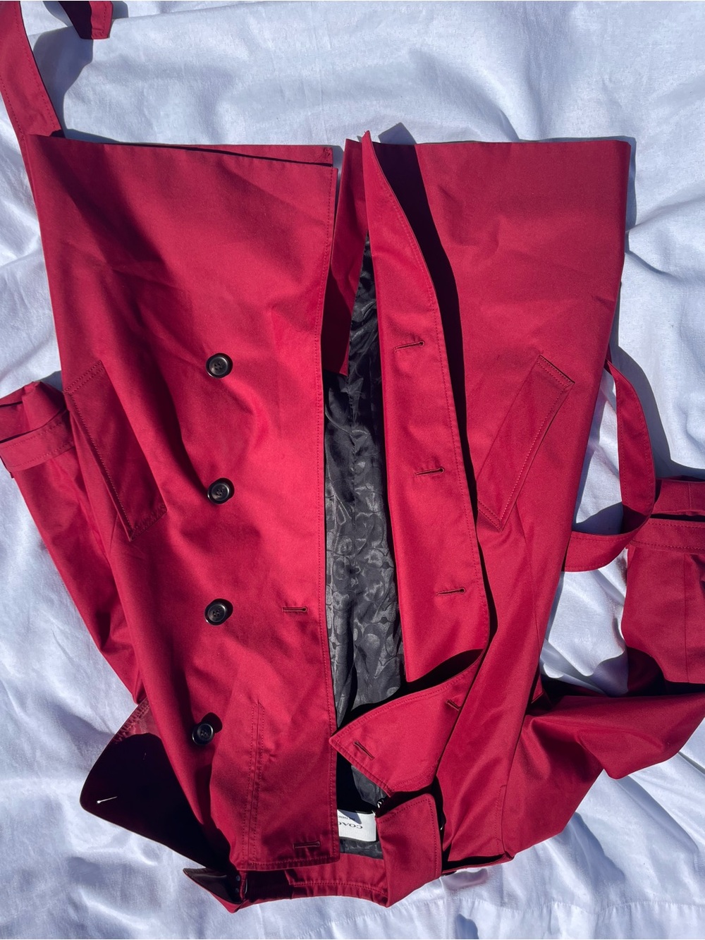 Coach Double-Breasted Crimson Trench Coat with Belt - Picture 15 of 16